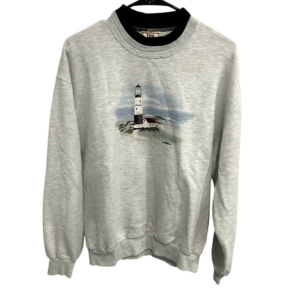 Vintage Top Stitch Lighthouse Embroidered Sweatshirt Gray Pullover Sz L